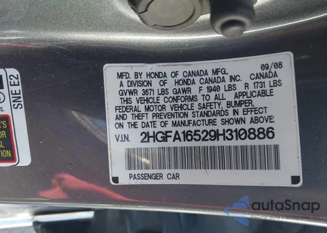 2009 Honda Civic Lx z USA, uszkodzony, nr VIN 2HGFA16529H310886